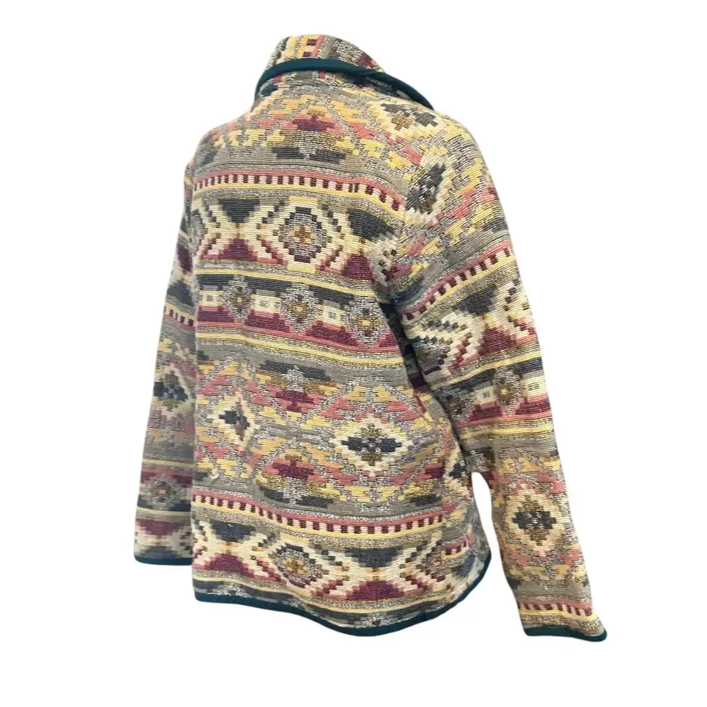 Vintage Patchwork Blazer Womens Size LP Tan Stripe Cotton Aztec Southwestern - Picture 4 of 16